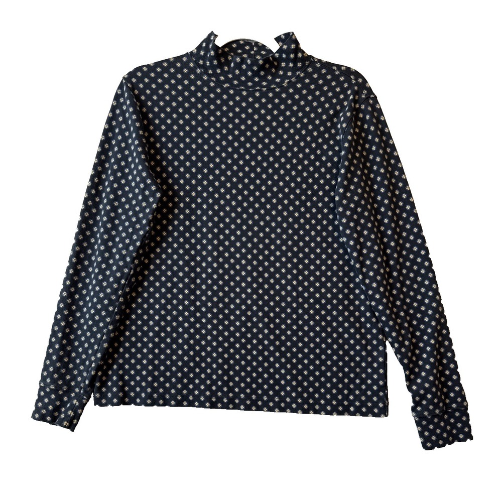 Lands End Mock Neck Top S Relaxed Blue Ditsy Geometric Floral Long Sleeve Scandi